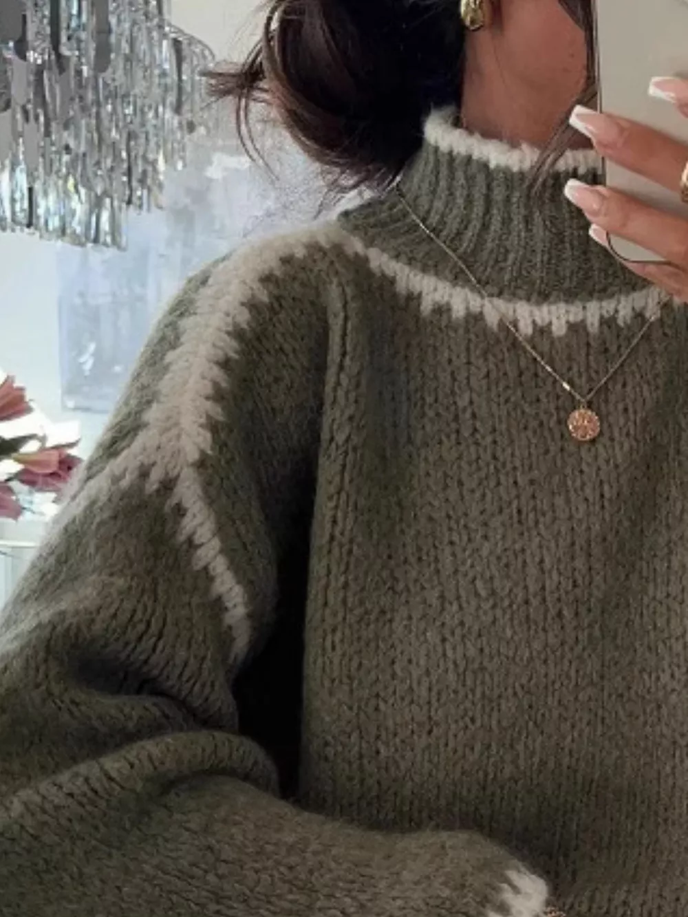 Contrast Trim Turtleneck Long Sleeve Sweater, image 3
