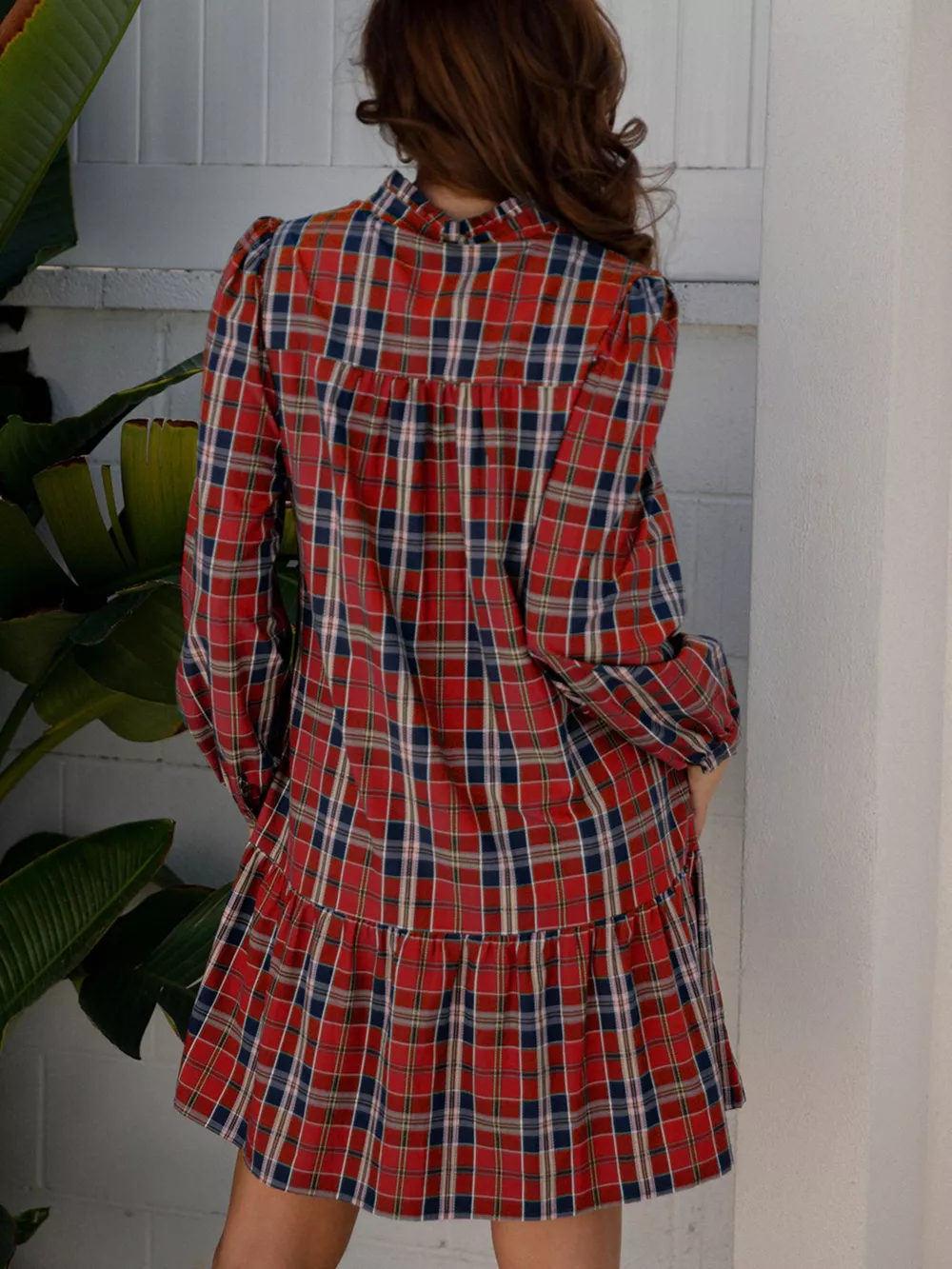 Plaid Print Frilly Collar Long Sleeve Shift Mini Dress, image 2