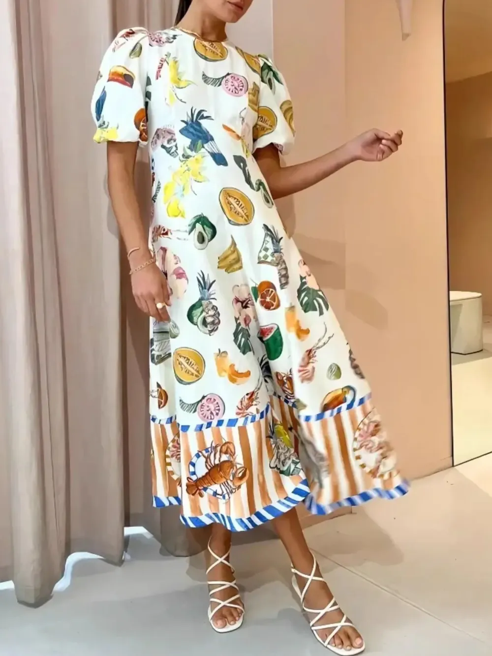 Printed Round Neck Puff Sleeve Dress, image 5