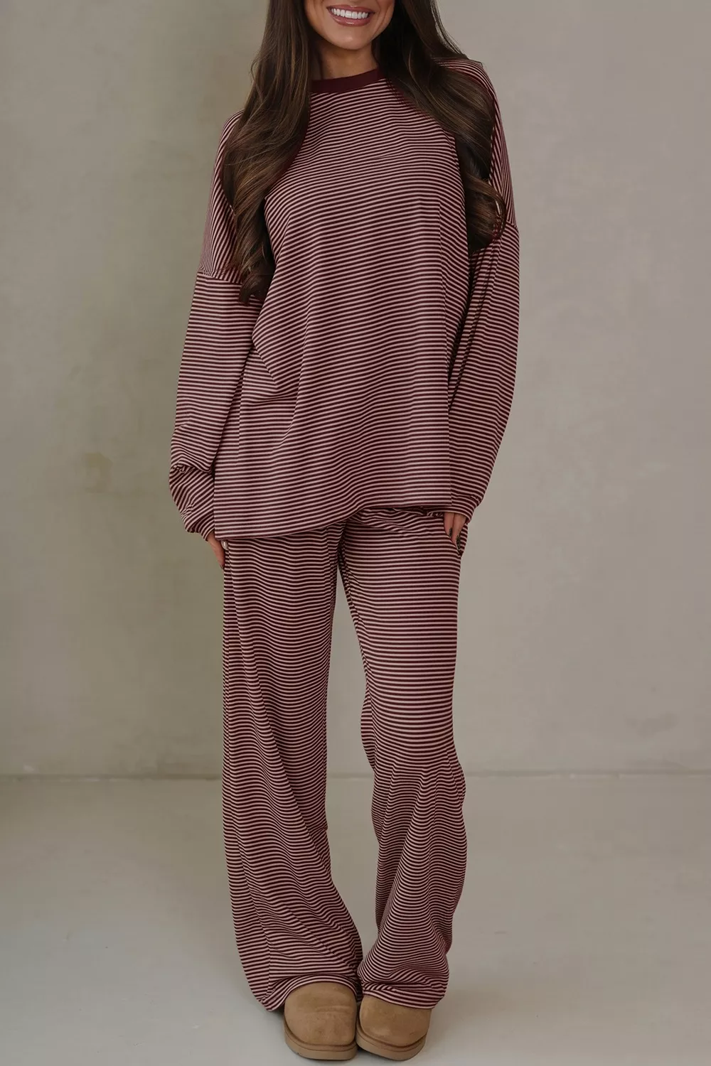 Striped Long Sleeve Top and Wide Leg Pants Set