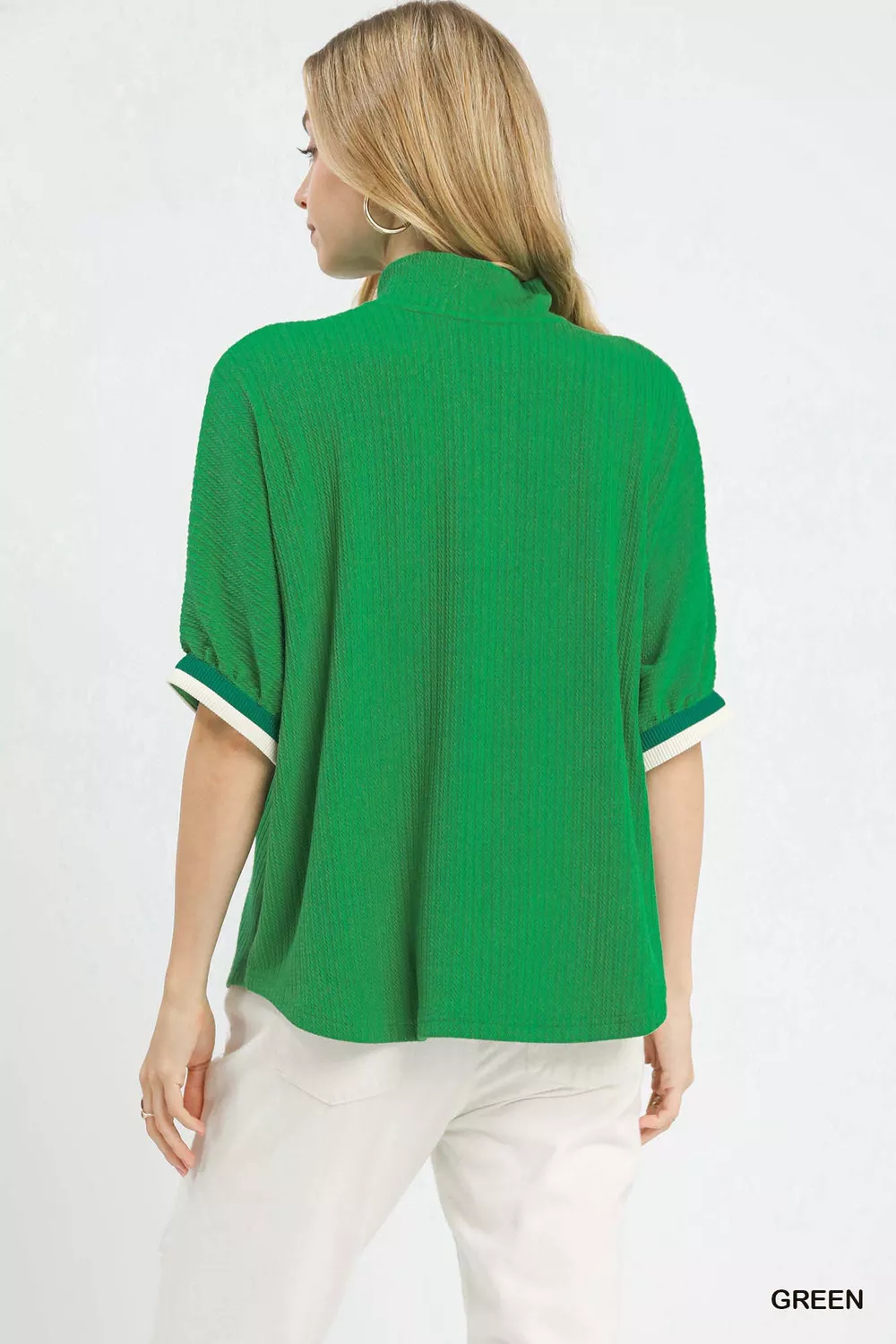 Textured Knit Top with Striped Contrast Trim, image 3