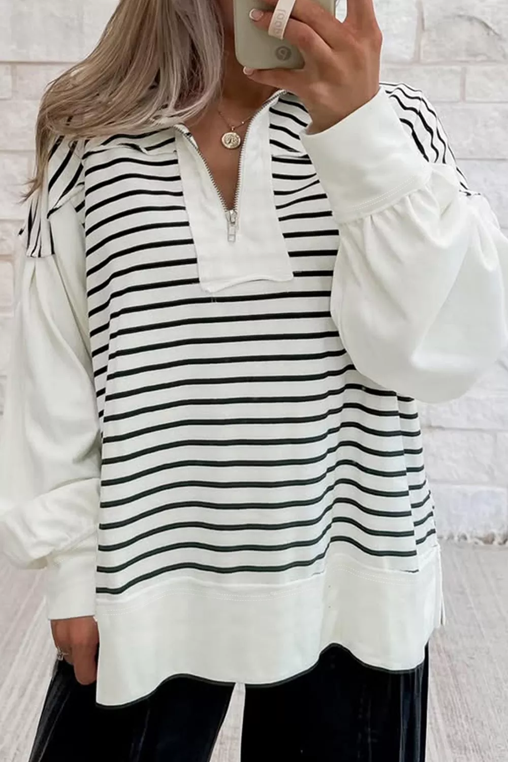 Stripe Color Block Long Puff Sleeve Metal Zip-Up Collar Top, image 2