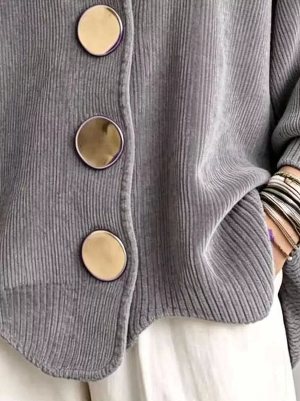 Full Size Ribbed Knit Gold Buttons Cardigan Plus Size, image 27