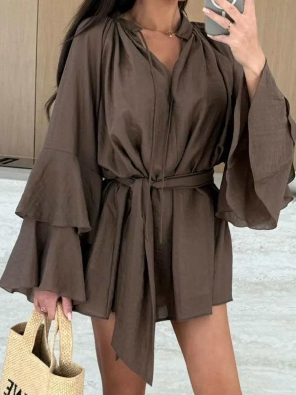 Bell Sleeve Tie Waist Mini Shirt Dress, image 13