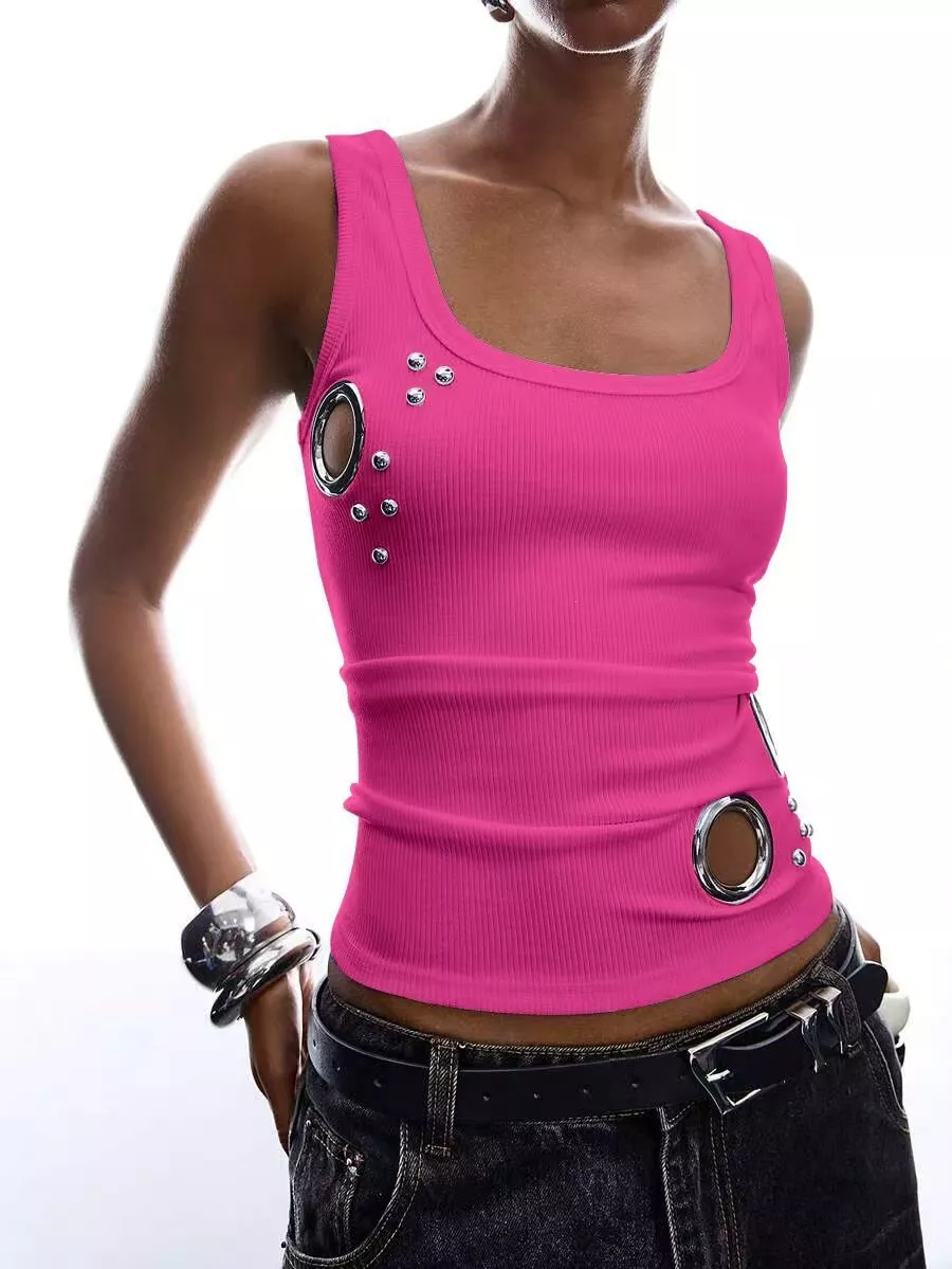 Ribbed Tank Top with Metal Grommet Cutouts and Stud Embellishments, image 19