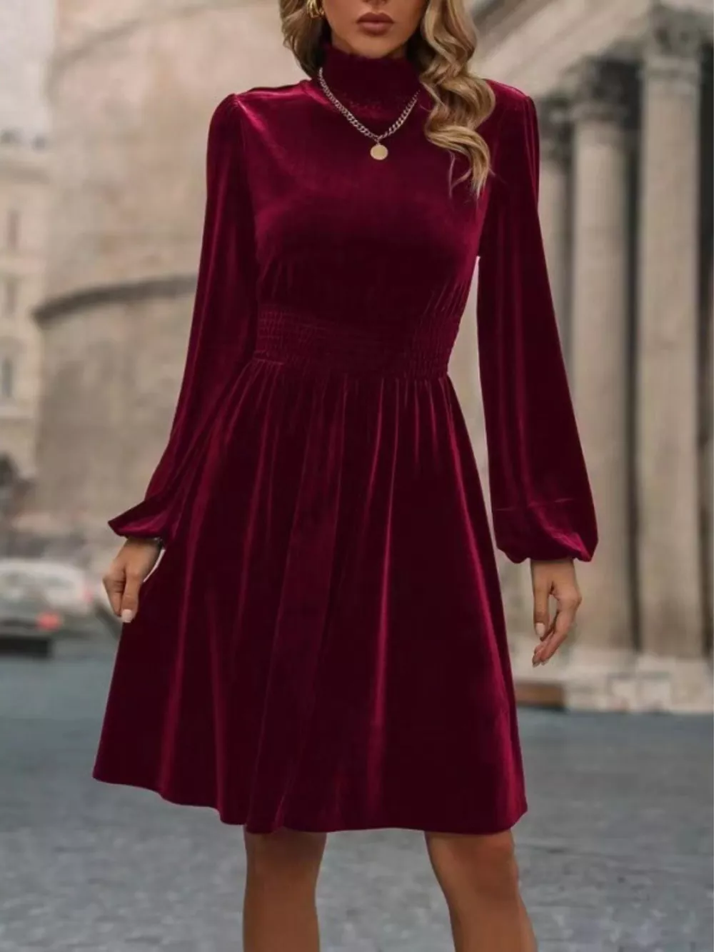 Velvet High Neck Long Sleeve A-Line Dress, image 2