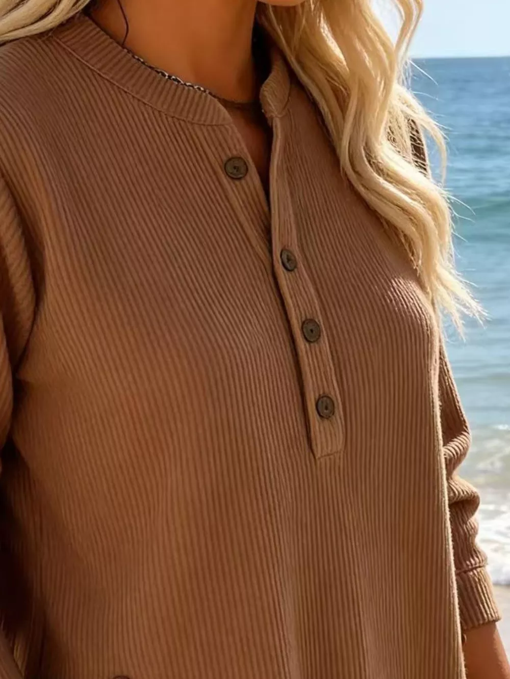 Full Size Ribbed Half Button Henley Top Plus Size, image 7