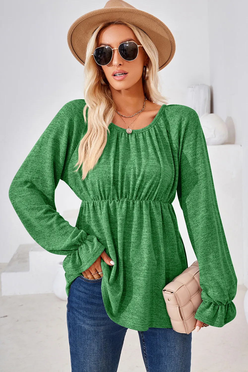 Ruched Round Neck Flounce Sleeve Blouse, image 15