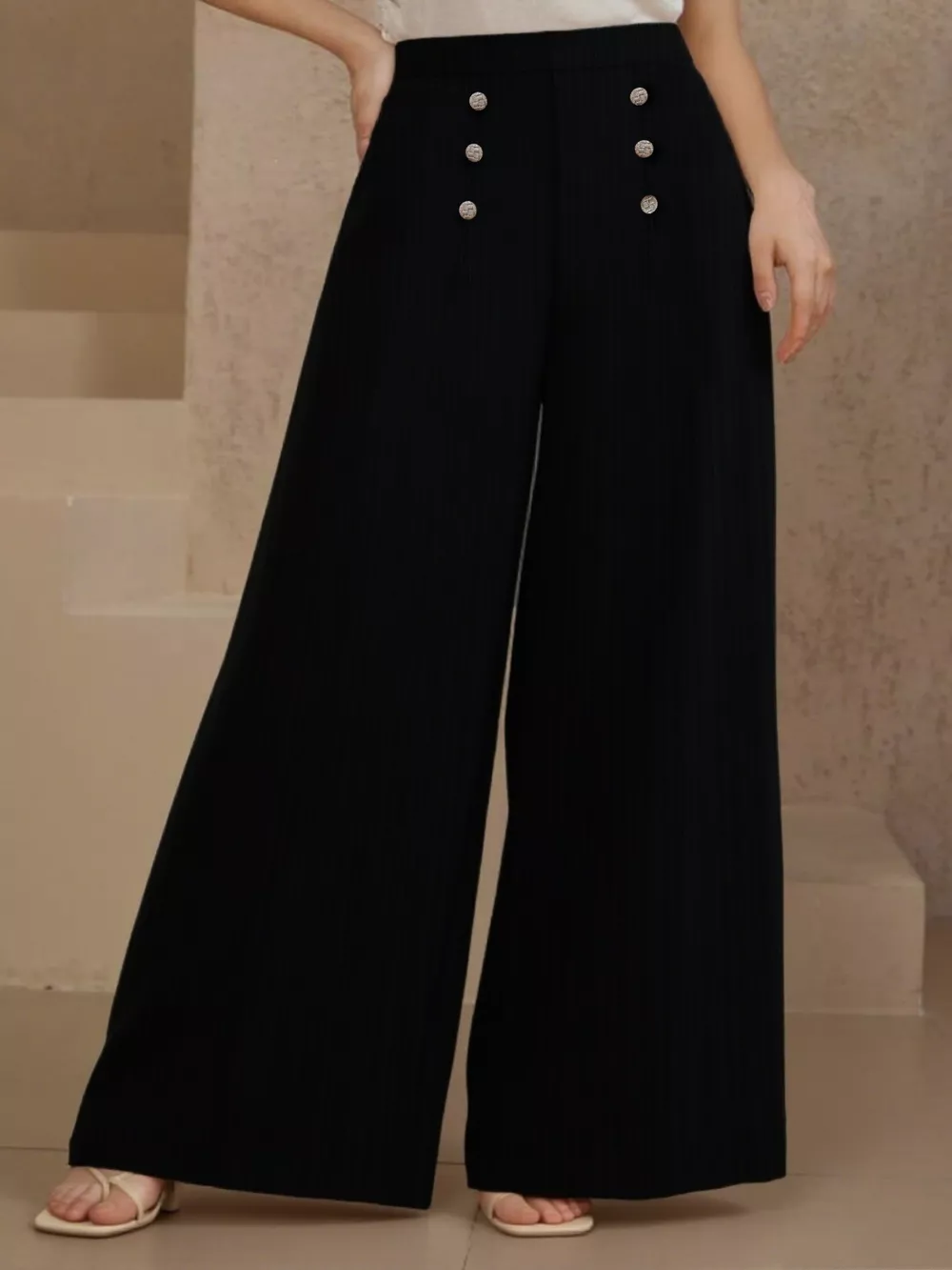 Plus Size High Waist Wide Leg Button Decor Pants, image 3
