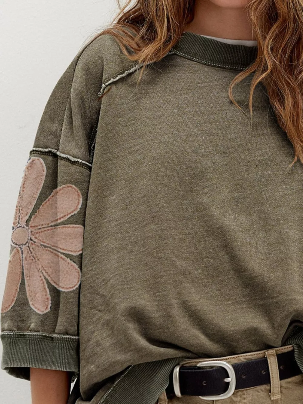 Mineral Wash Raw Seam Patchwork Flower Patched 3/4 Sleeve Loose Top, image 3