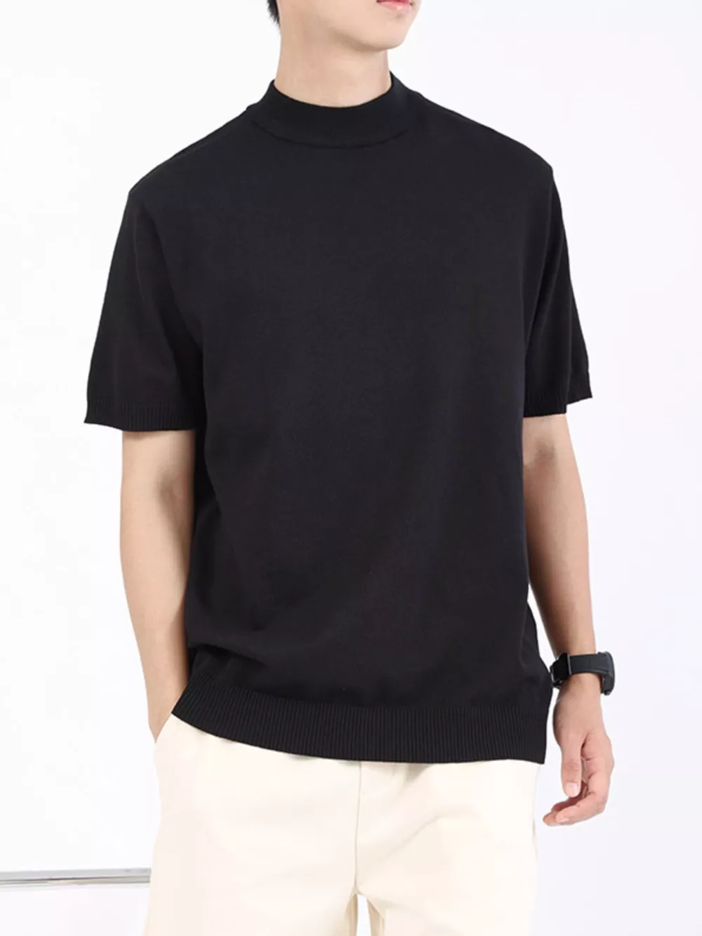 Men's Plus Size Mock Neck Knitted T-Shirt, image 7