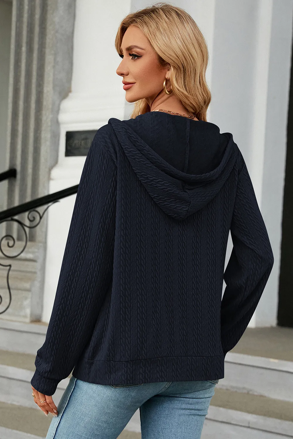 Drawstring Zip Up Long Sleeve Hoodie, image 7