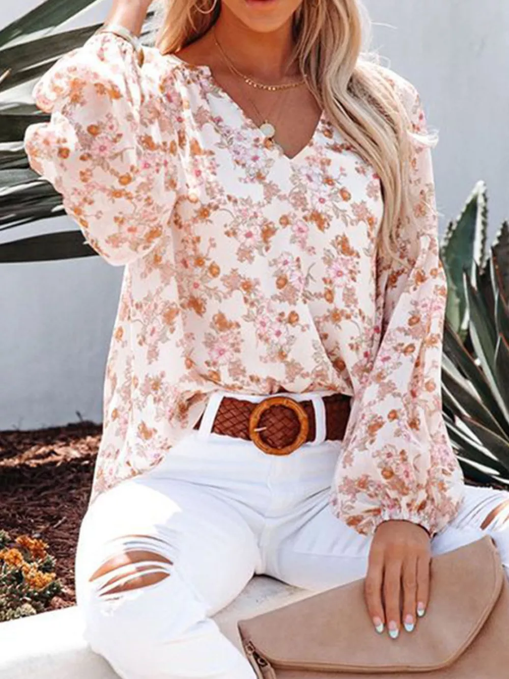 Full Size Floral Print V-Neck Long Sleeve Blouse Plus Size, image 14