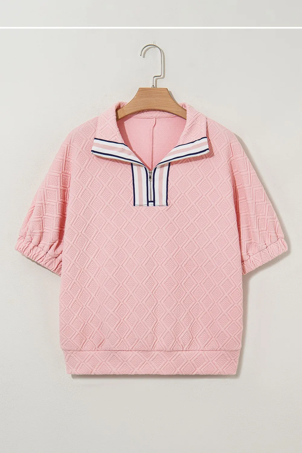 Contrast Striped Collar Patchwork Textured Half Sleeve Blouse, image 11