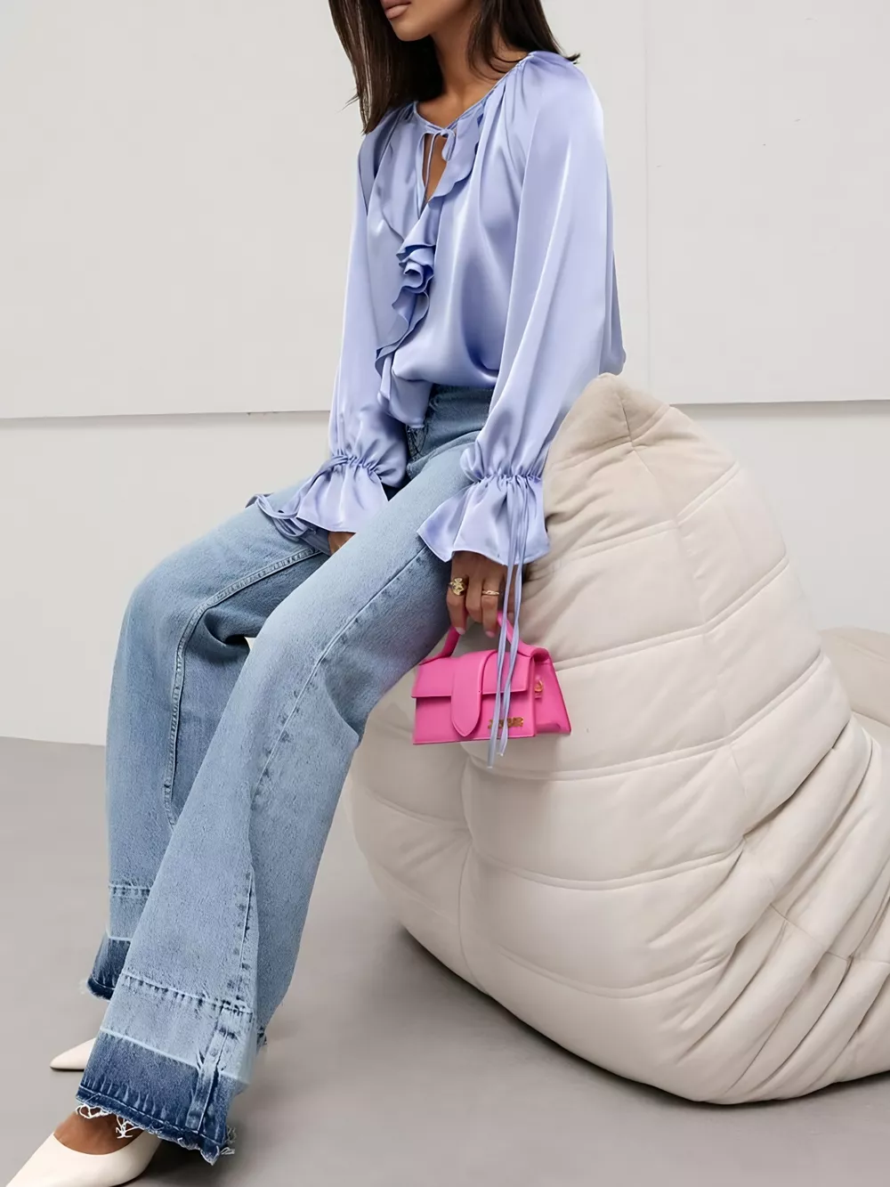 Ruffle Trim Satin Flounce Sleeve Blouse, image 6