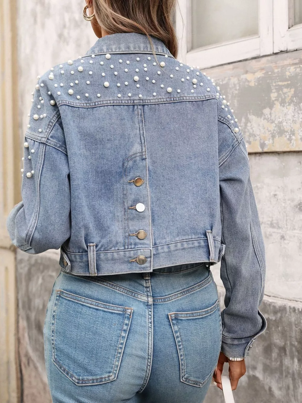 Pearl Embellished Cropped Denim Jacket, image 5