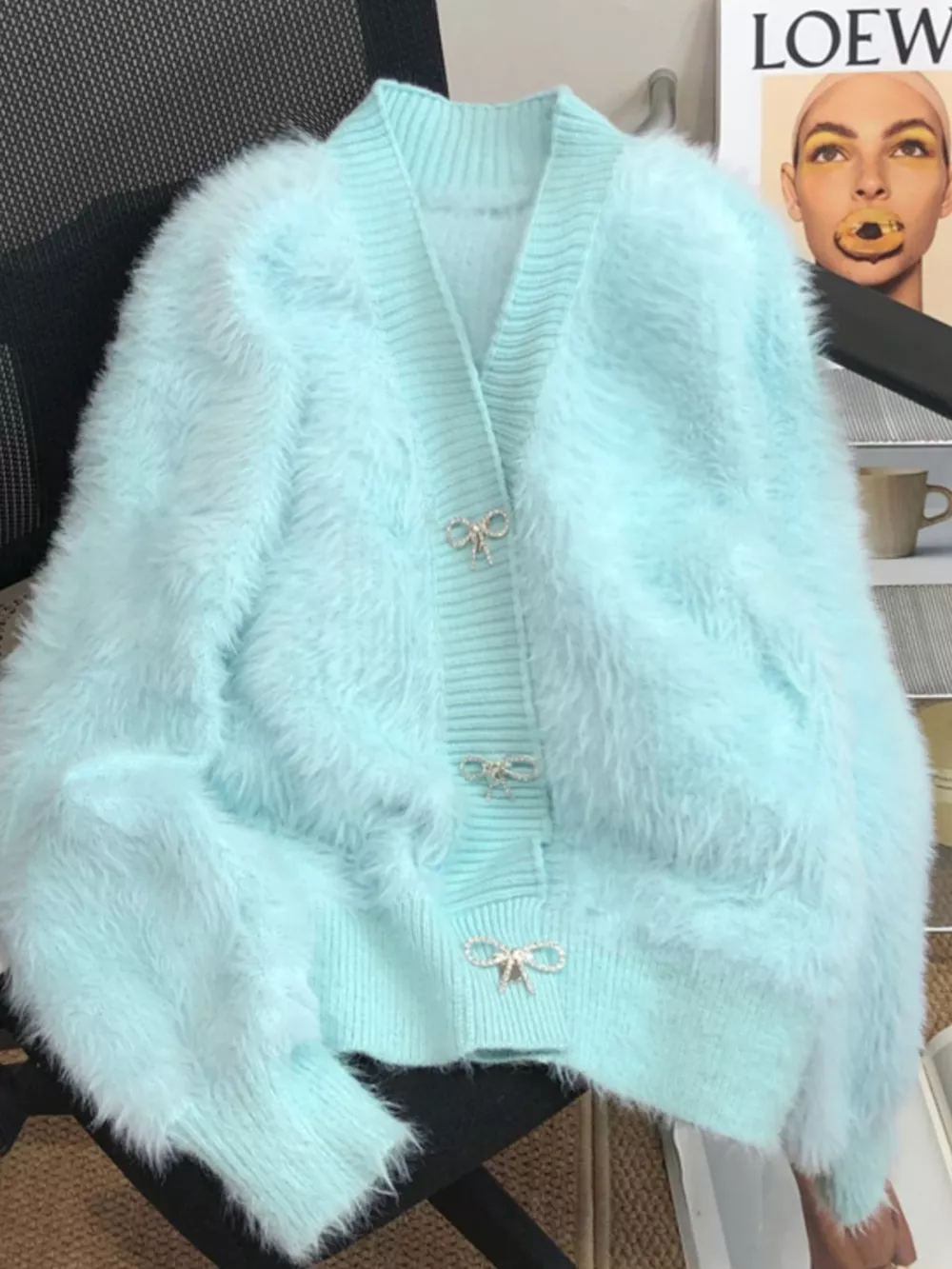 Fuzzy Bow Button Up Cardigan, image 7