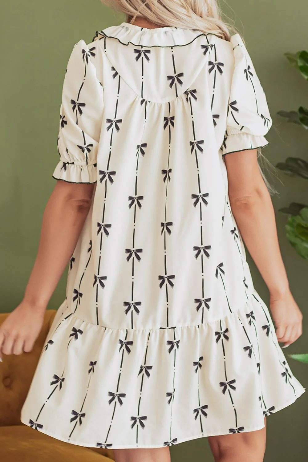 Frill Bow Print Notched Short Sleeve Mini Dress, image 2