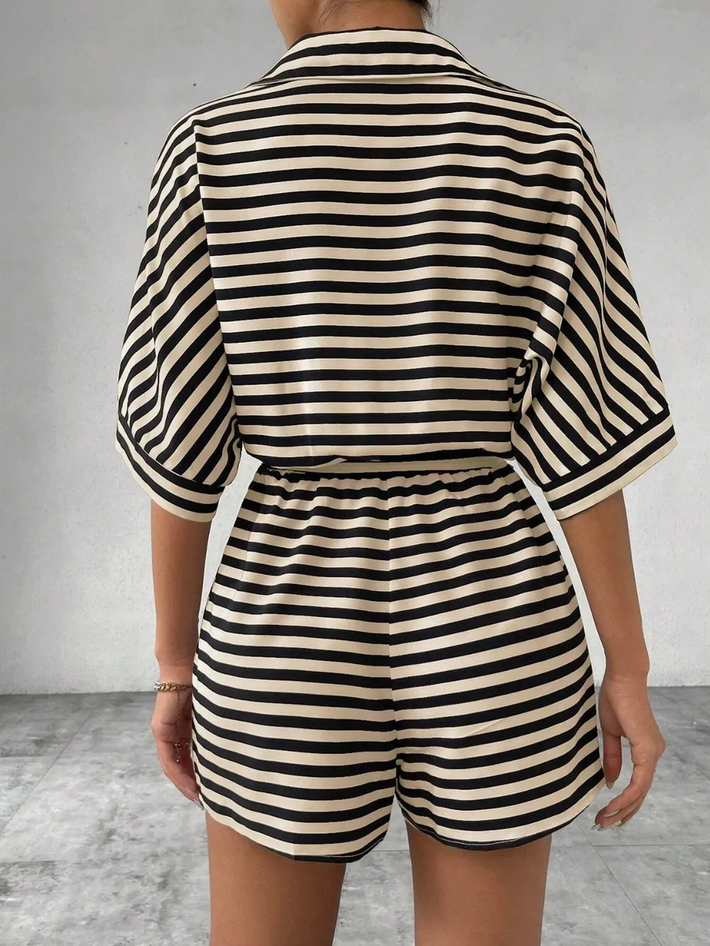 Tie Waist Half Button Striped Romper, image 14