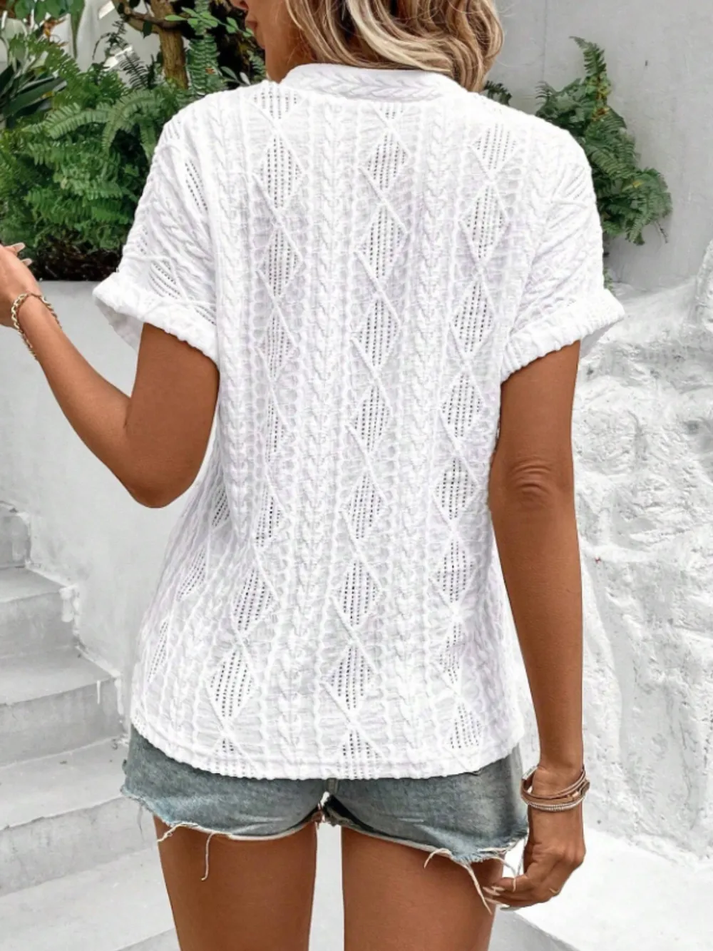 Openwork Notched Short Sleeve Blouse, image 9