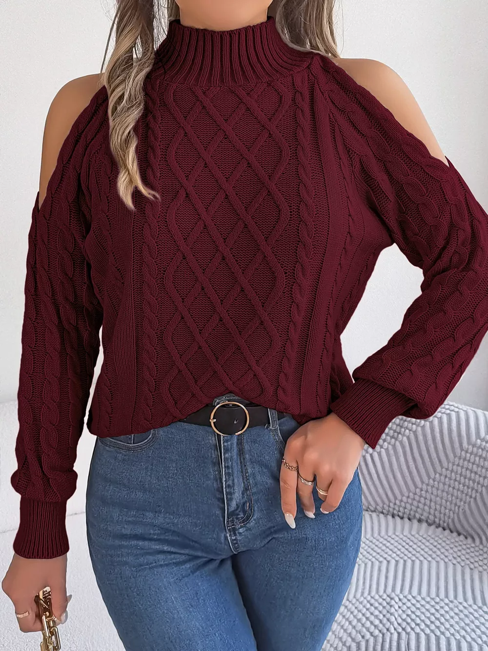 Cable Knit Cold Shoulder Turtleneck Sweater, image 17