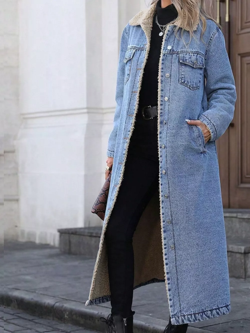 Sherpa Lined Longline Denim Jacket, image 15