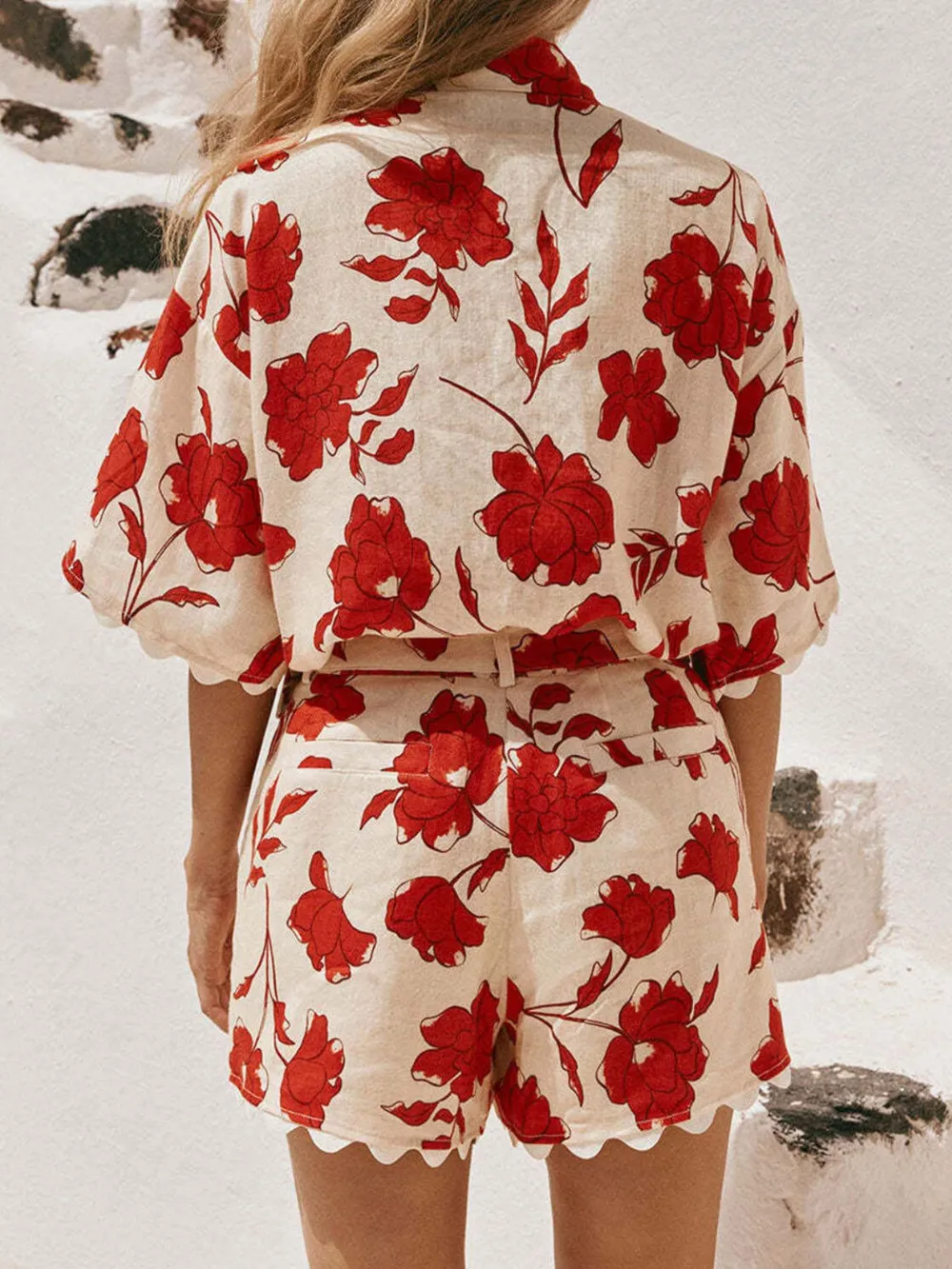 Floral Print Scalloped Edge Top and Shorts Set, image 4