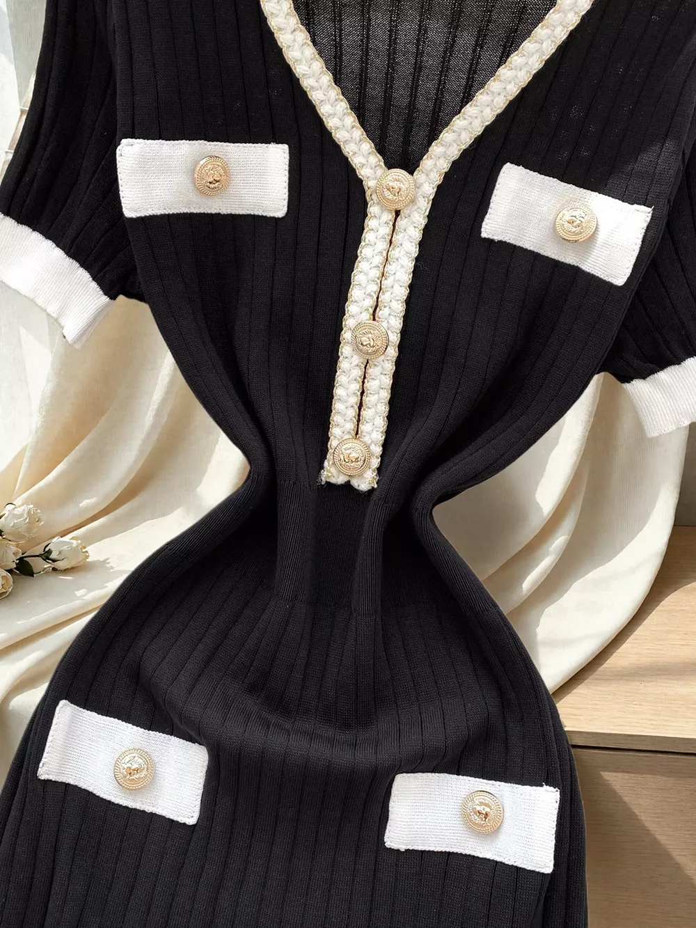 Ruffled Hem V-Neck Ribbed Knit Dress, image 6