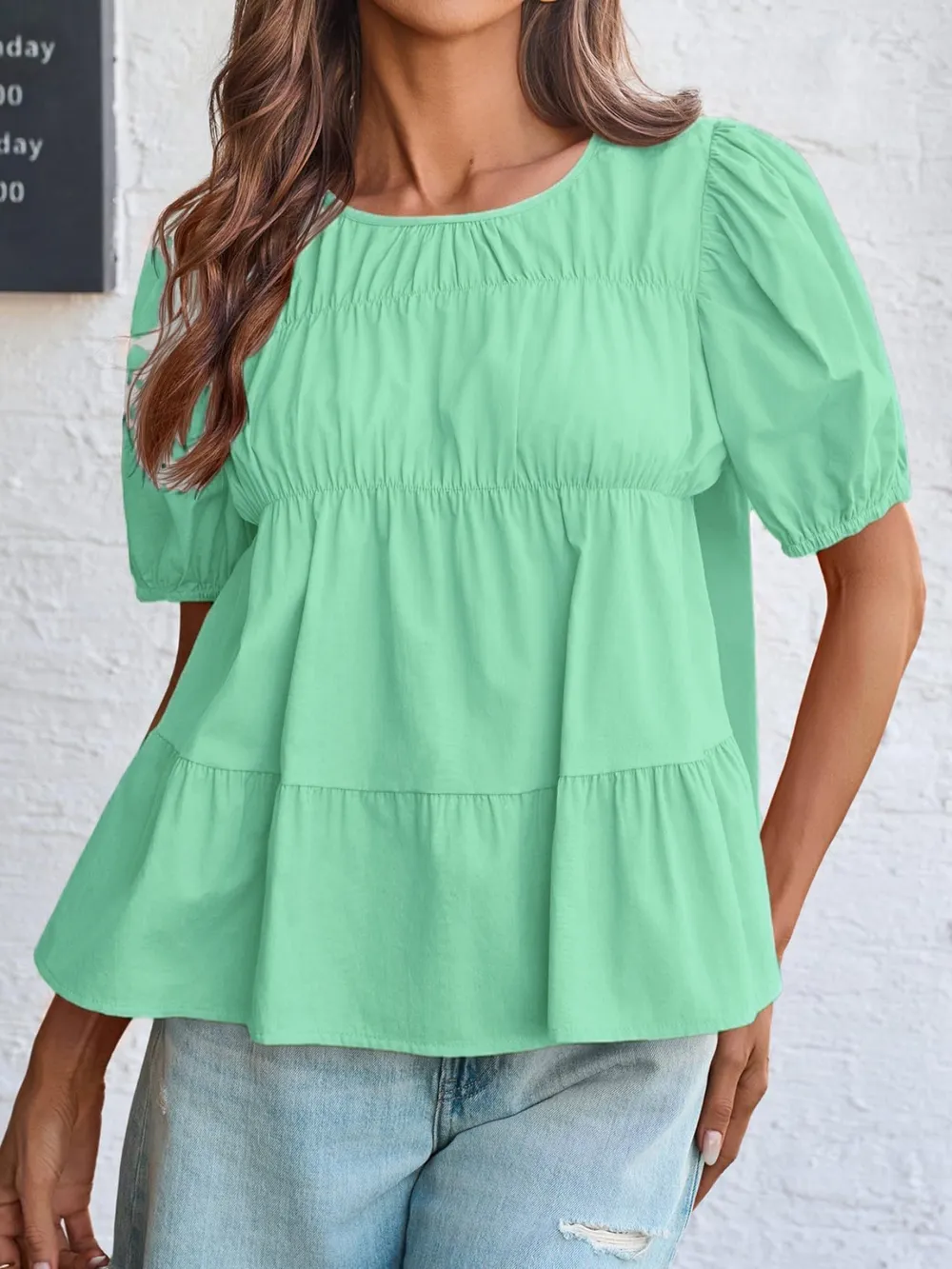 Tiered Round Neck Puff Sleeve Ruched Blouse, image 8