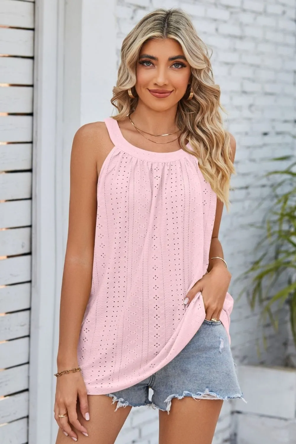 Openwork Round Neck Wide Strap Tank, image 6
