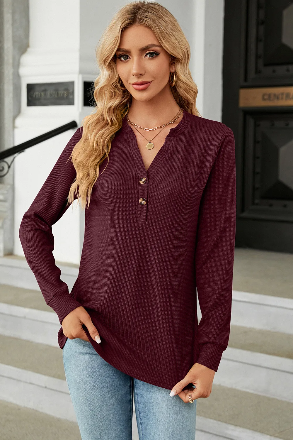 Waffle-Knit Notched Long Sleeve T-Shirt, image 10