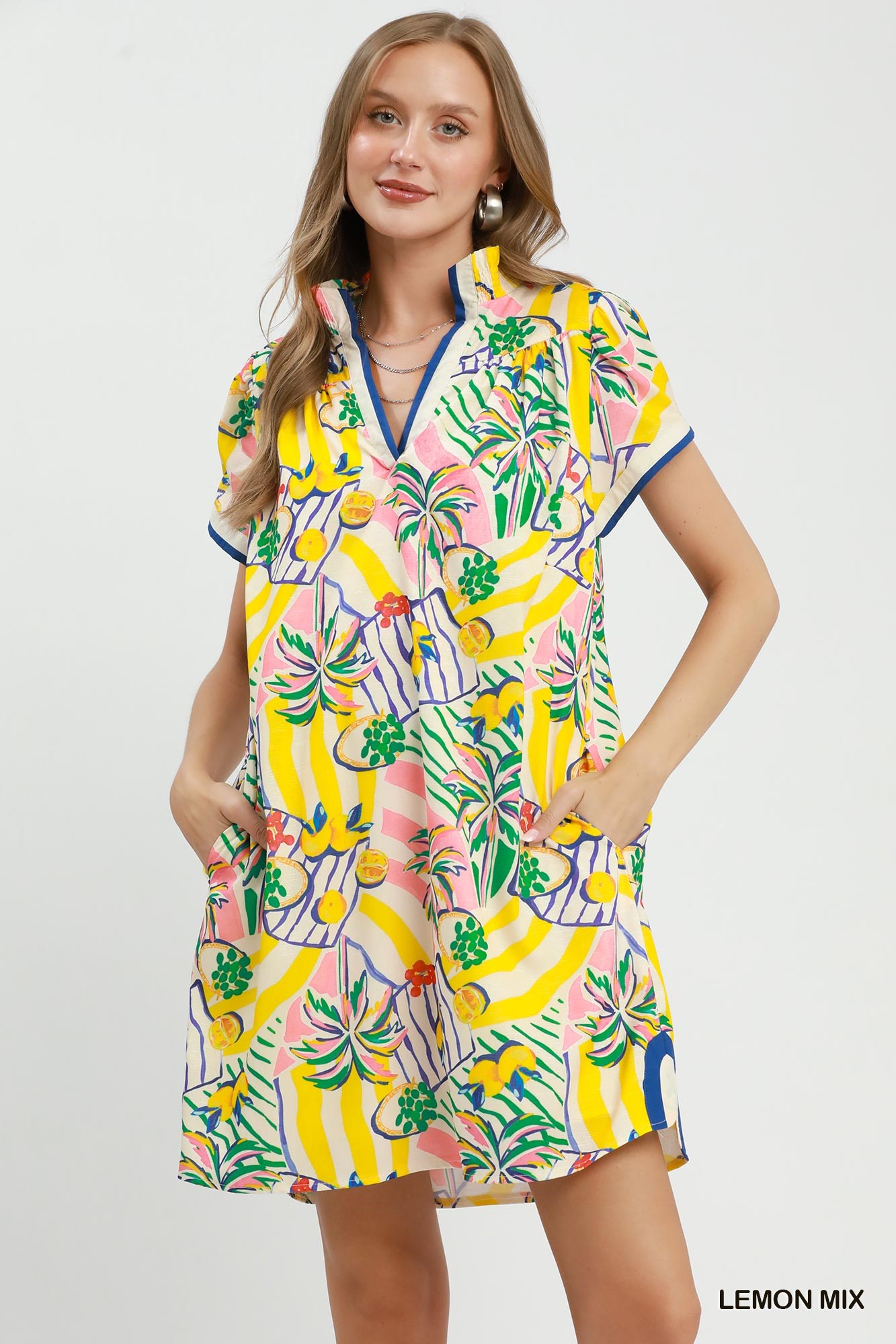Tropical Print Collared Shift Dress