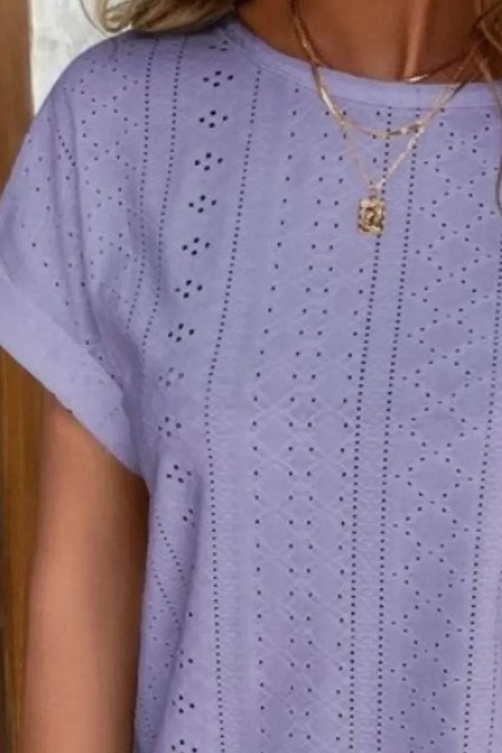 Eyelet Round Neck Short Sleeve T-Shirt, image 11