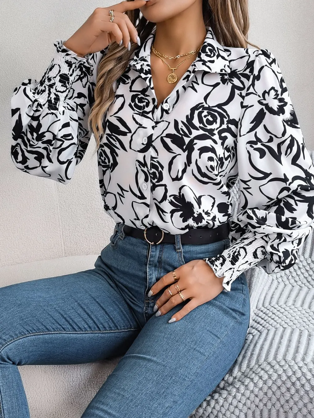 Printed Collared Neck Lantern Sleeve Shirt, image 9