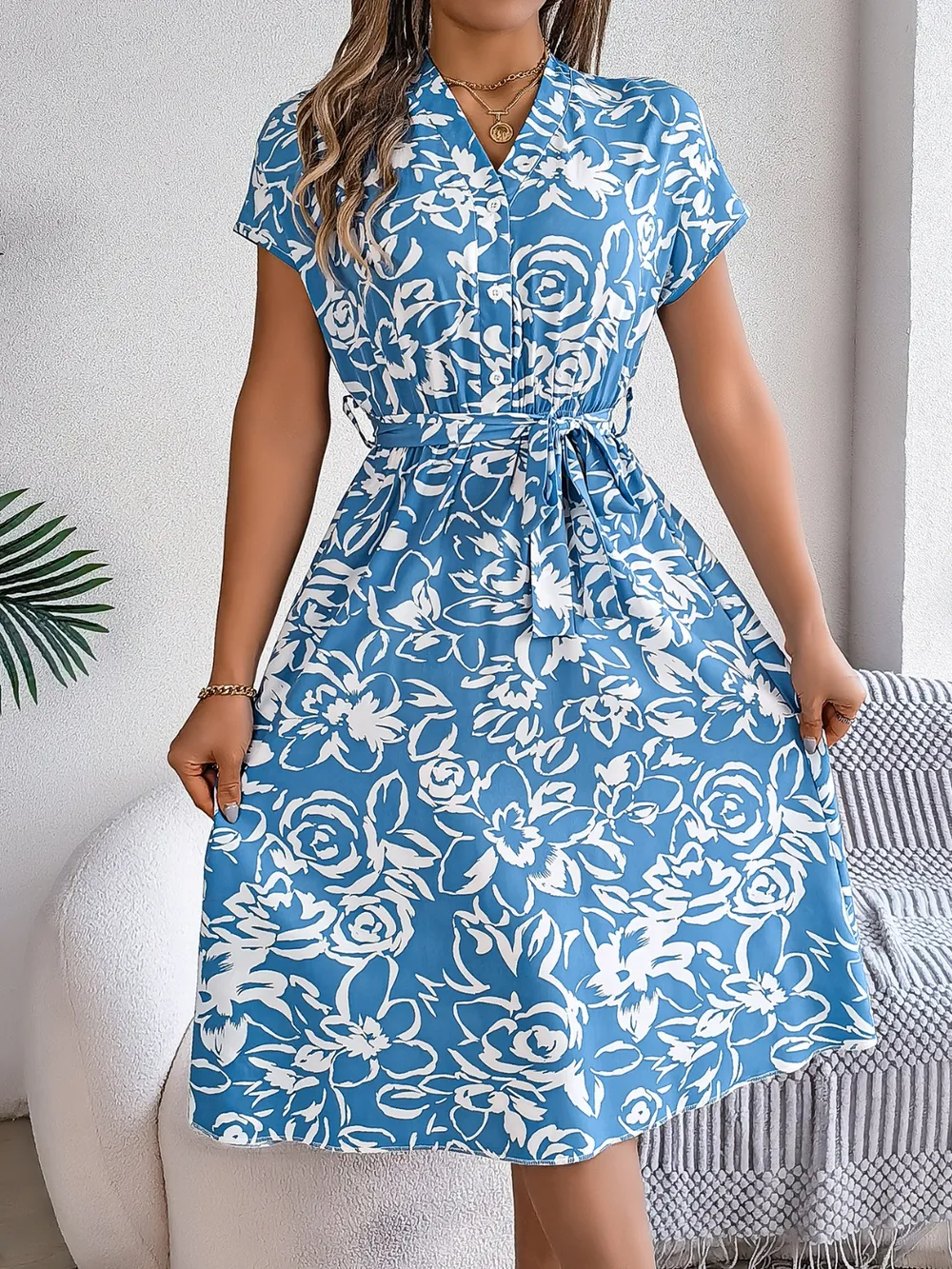 Printed V-Neck Short Sleeve Dress, image 8