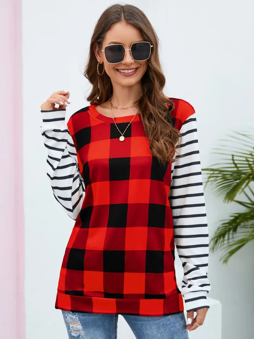 Plaid Striped Round Neck Long Sleeve T-Shirt, image 2