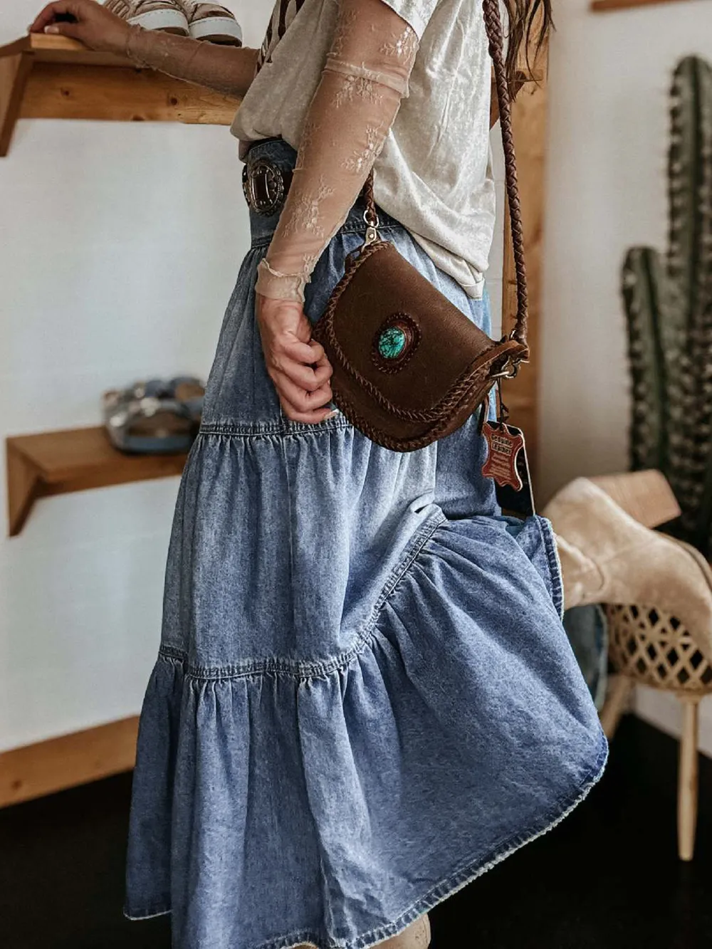 Tiered Button-Fly Denim Skirt, image 3