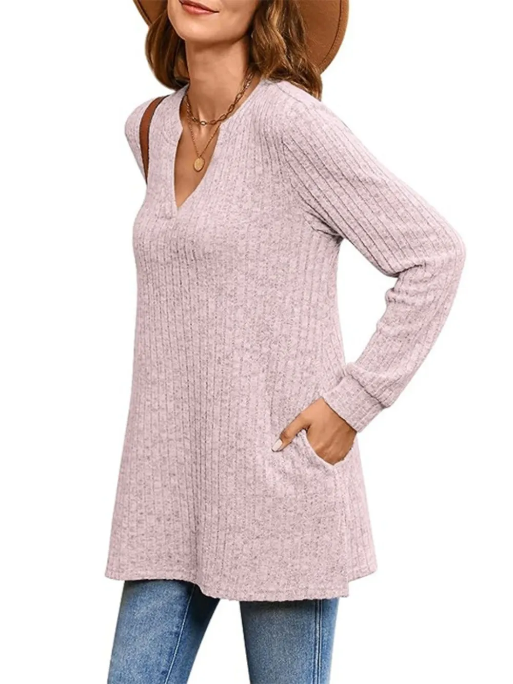 Ribbed Notched Long Sleeve T-Shirt, image 13