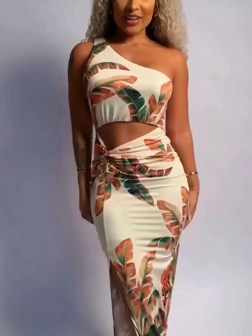 Tropical Print One-Shoulder Cut-Out Maxi Dress, image 5