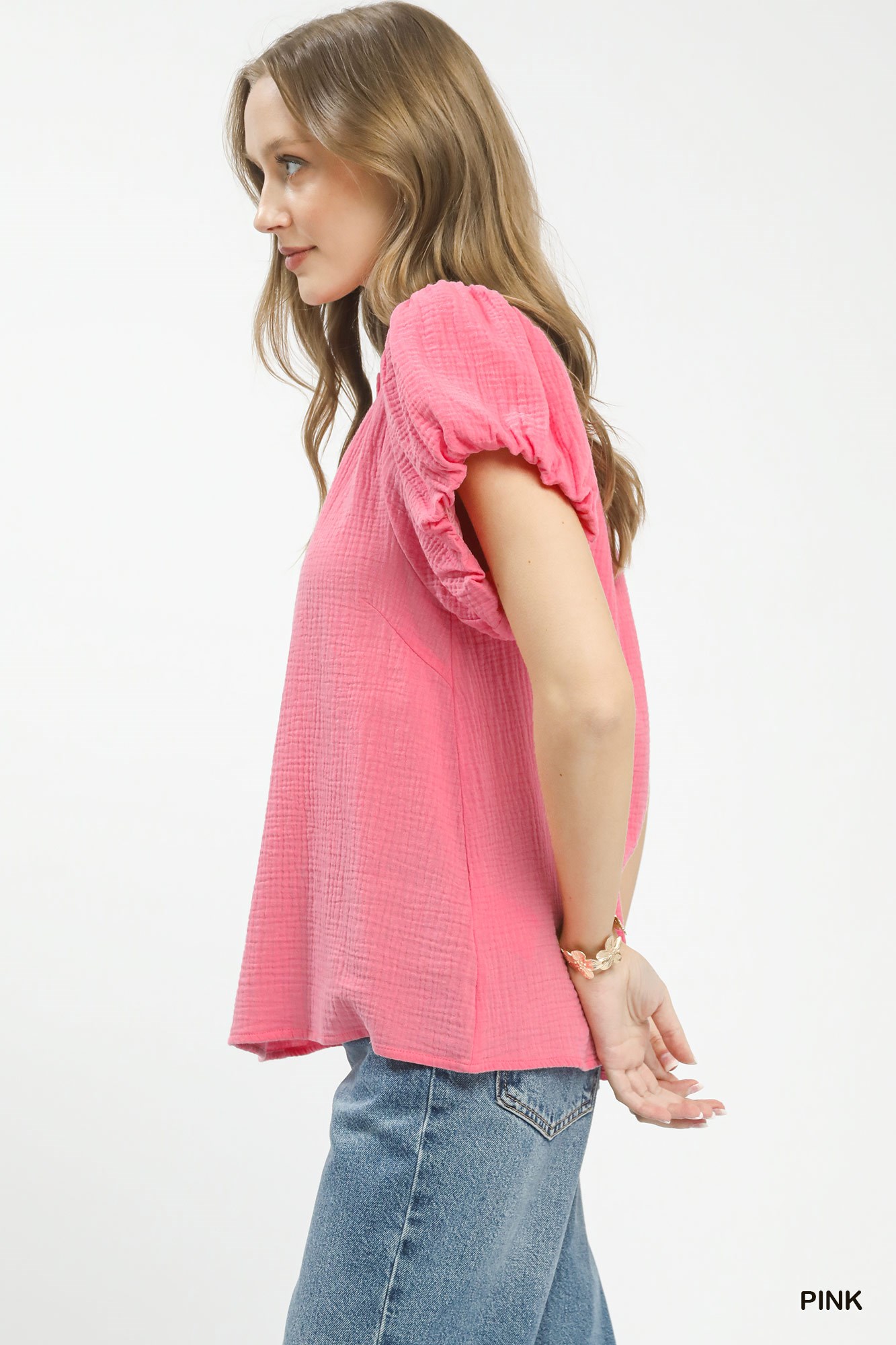 Textured Gauze Ruffle Neck Boho Top, image 3
