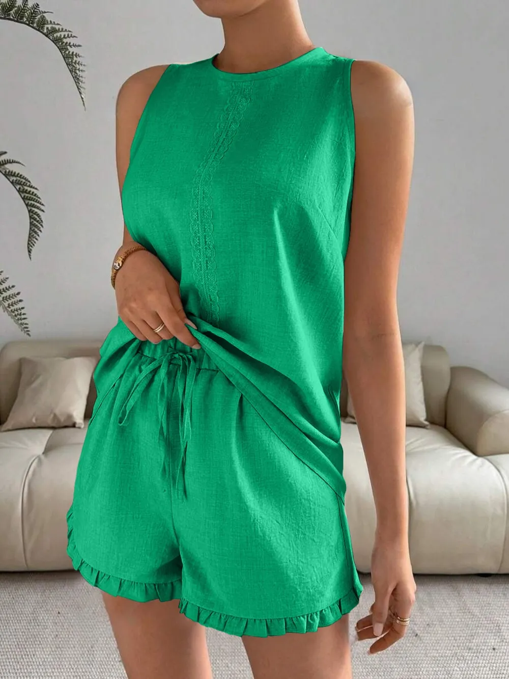 Lace Detail Round Neck Tank and Shorts Set, image 13