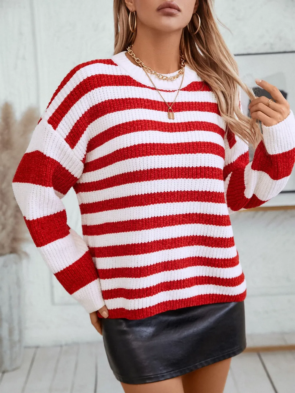 Striped Round Neck Long Sleeve Sweater, image 2
