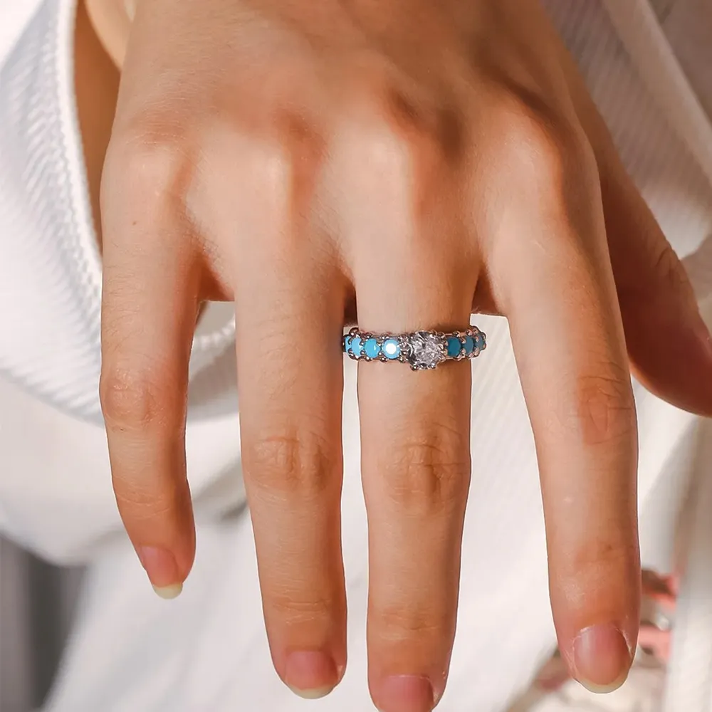 Inlaid Artificial Turquoise Zircon 925 Sterling Silver Ring, image 5