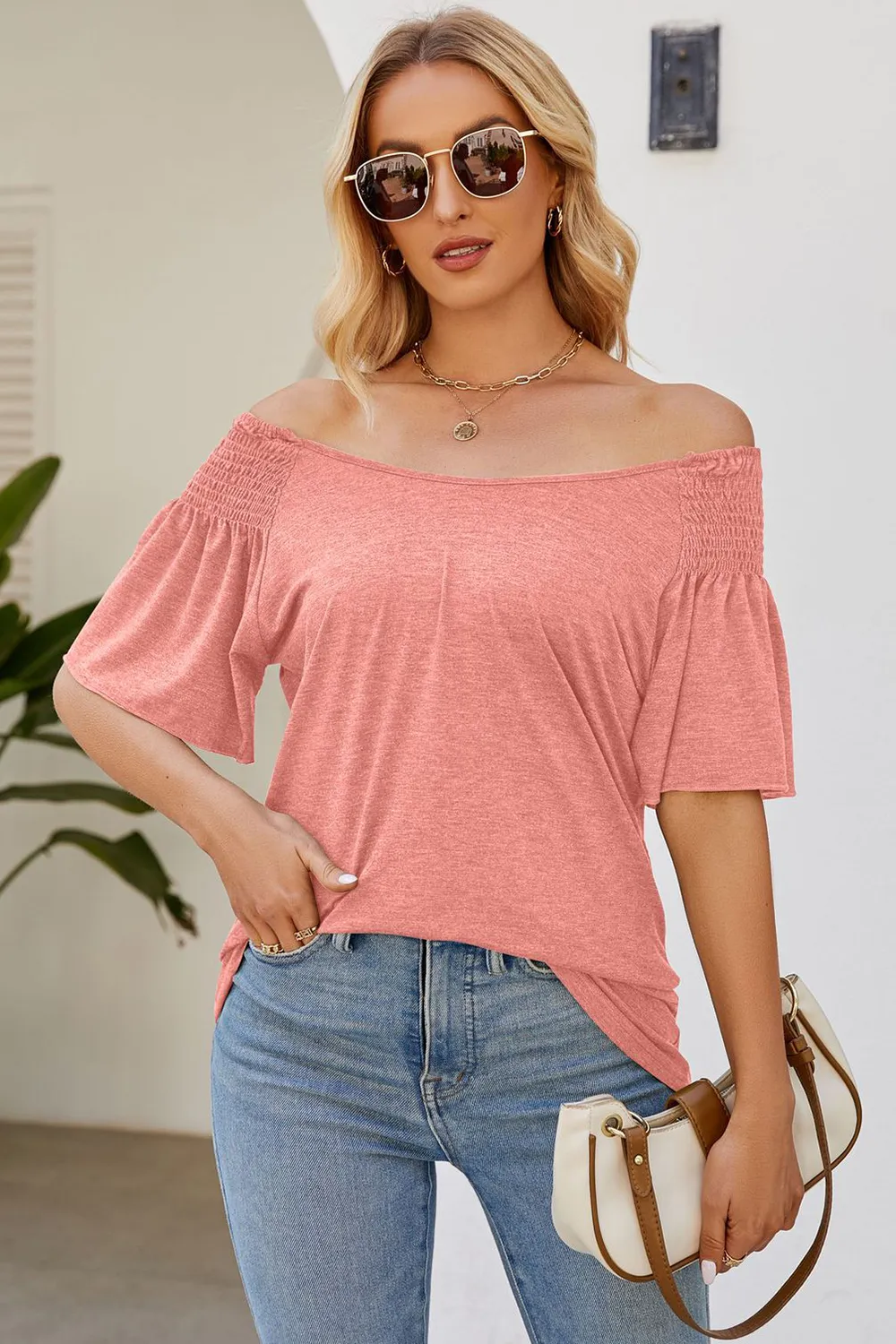 Smocked Round Neck Flutter Sleeve T-Shirt, image 25