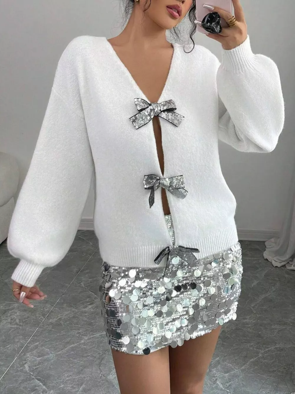 Bow-Decor Dropped Shoulder Knit Cardigan, image 2