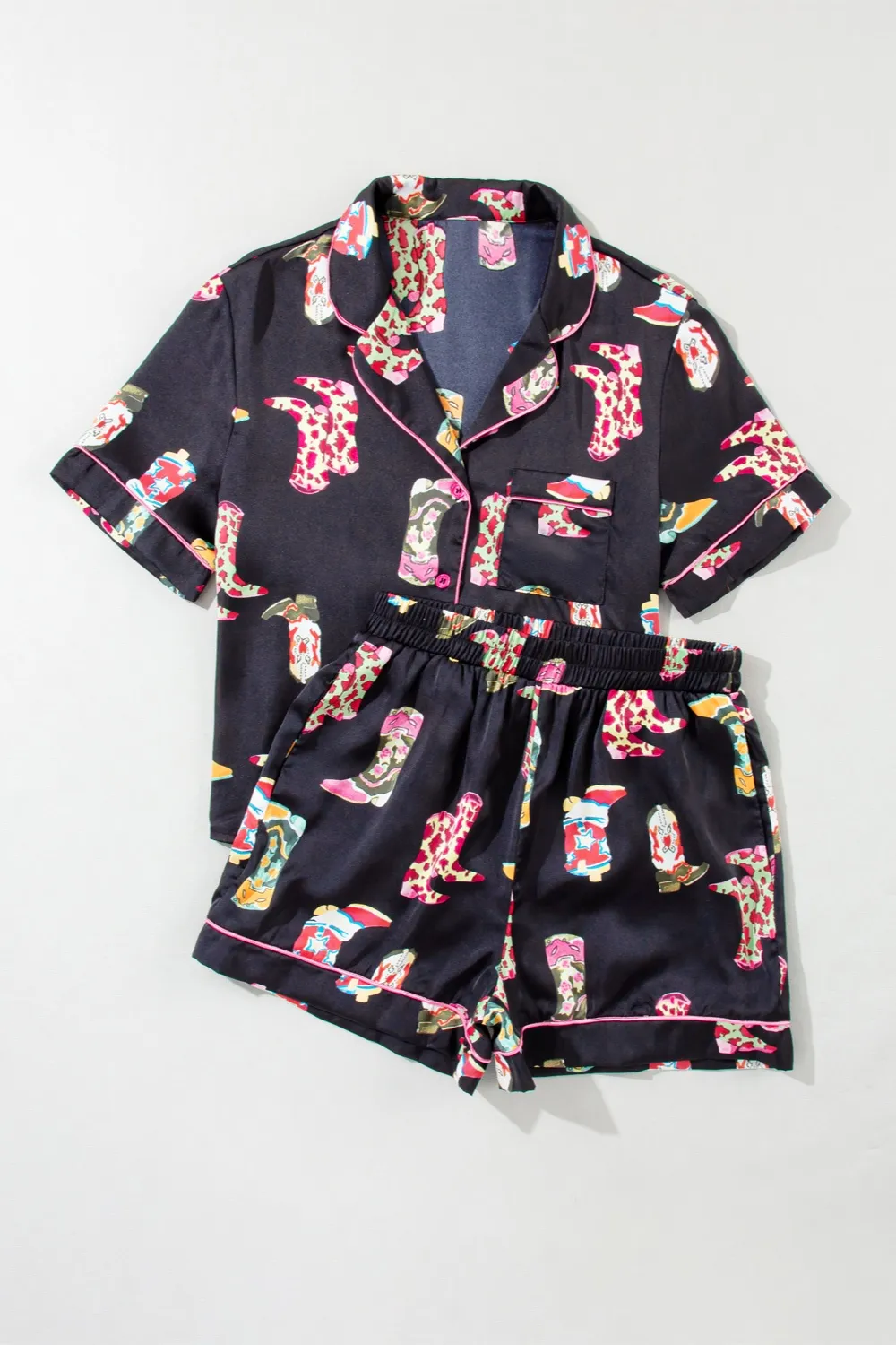 Printed Button Up Short Sleeve Top and Shorts Lounge Set, image 7