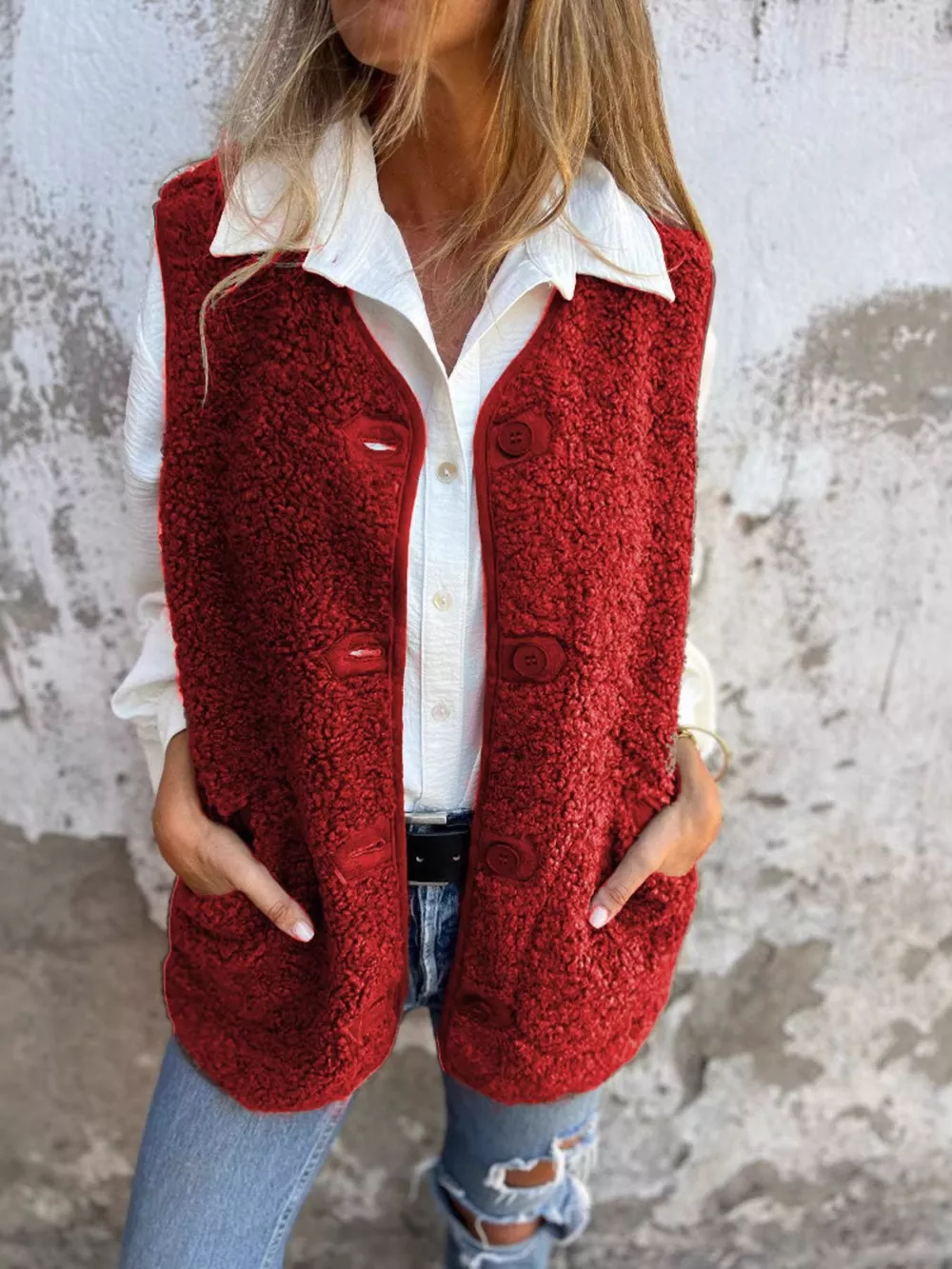 Full Size Cozy Sherpa Fleece Button-Up Vest Coat with Pockets Plus Size, image 7
