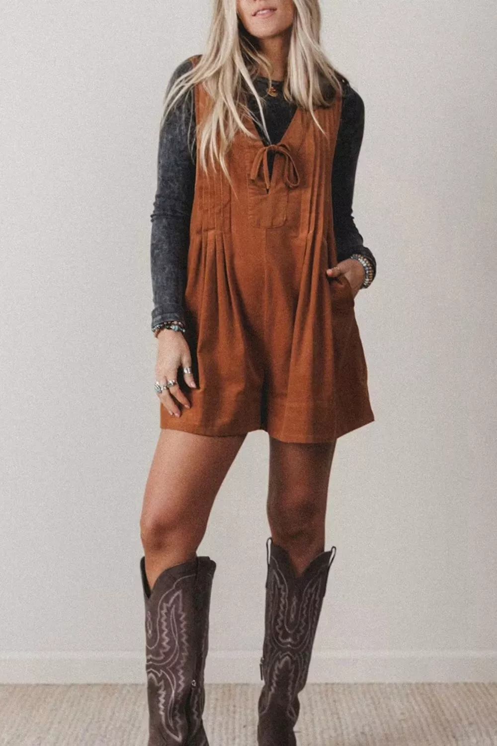 Solid Color Tie V Neck Sleeveless Corduroy Romper