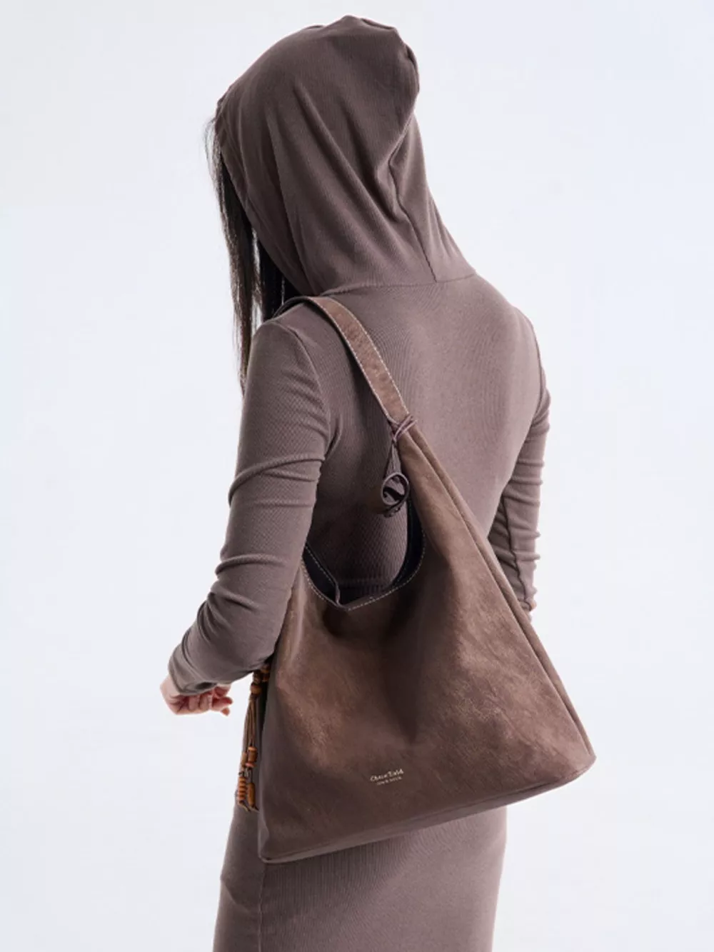 Suede Hobo Shoulder Bag with Decorative Tassel, image 4