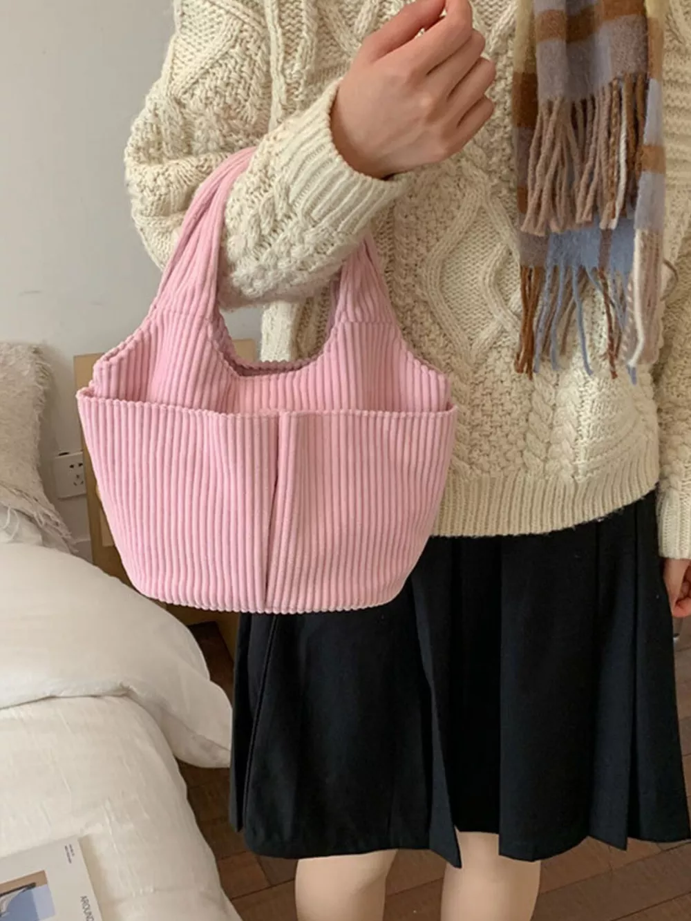 Corduroy Solid Color Handbag, image 3